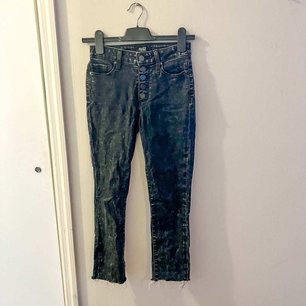 Paige Hoxton Ankle Peg, altered, black acid wash, button fly, skinny, size 24